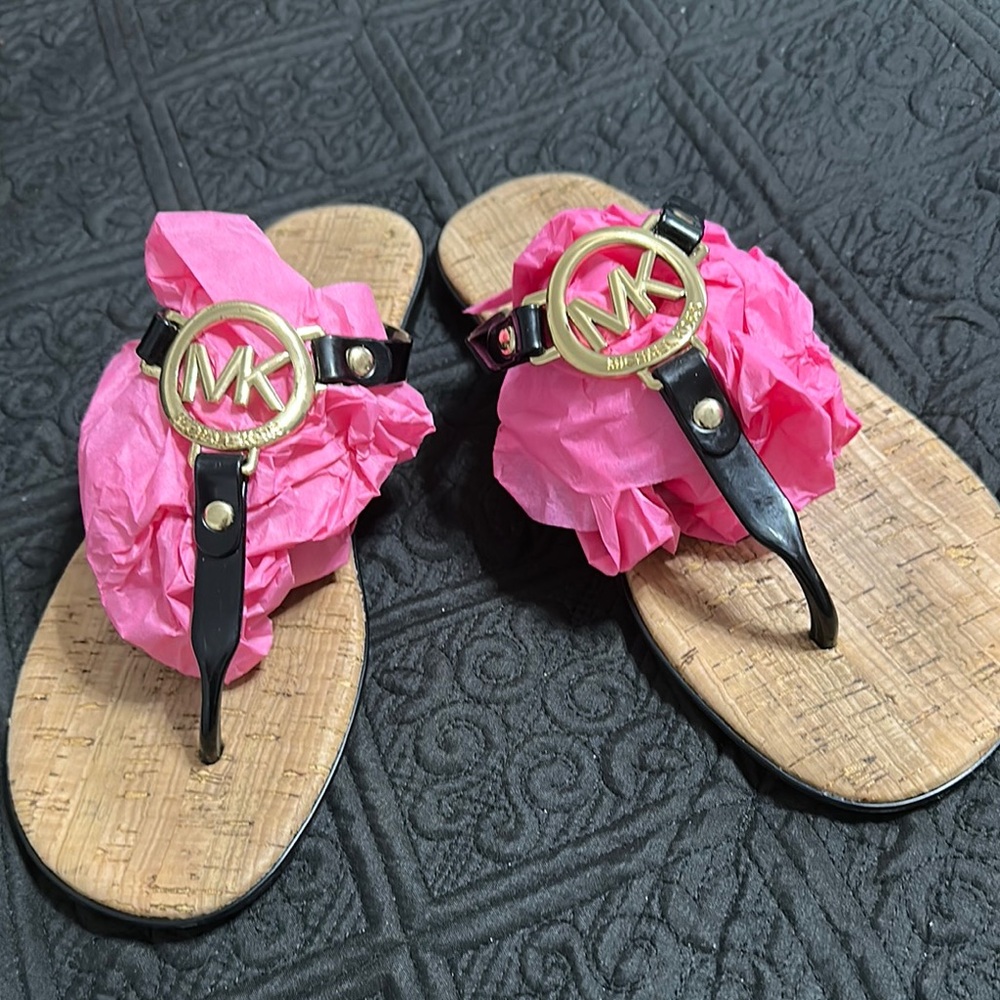 Michael Kors Black and Gold Logo Sandals